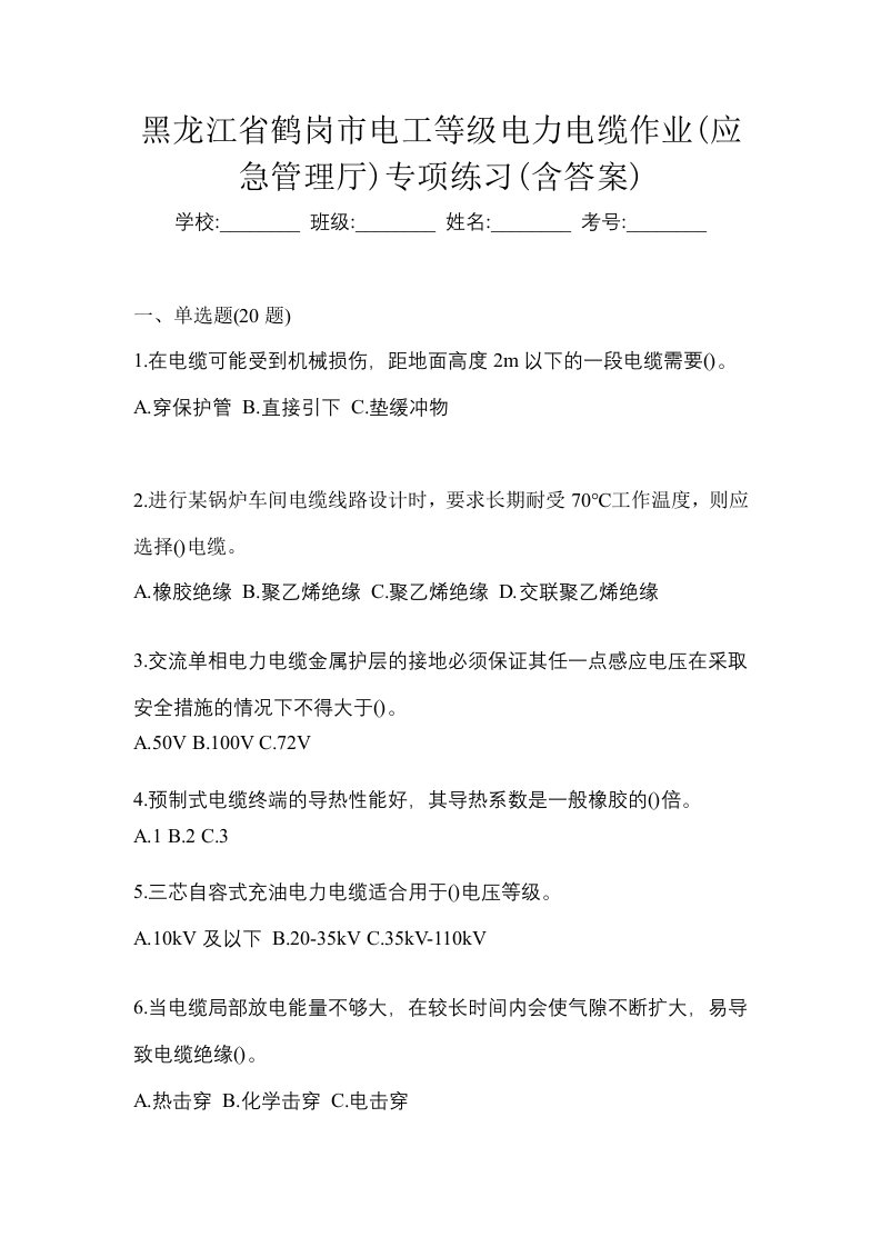 黑龙江省鹤岗市电工等级电力电缆作业应急管理厅专项练习含答案