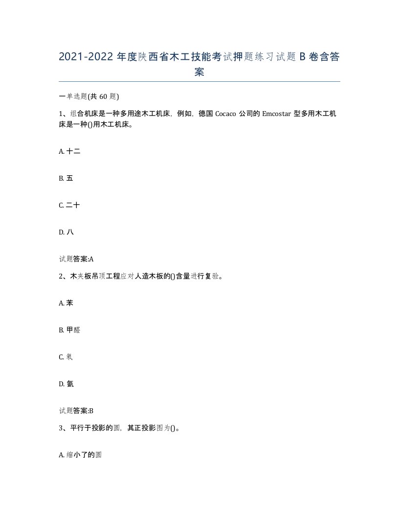 20212022年度陕西省木工技能考试押题练习试题B卷含答案