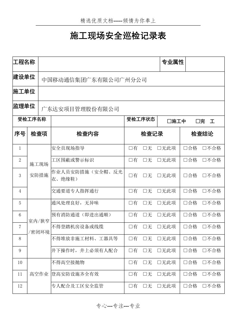 施工现场安全巡检记录表——模板(共2页)