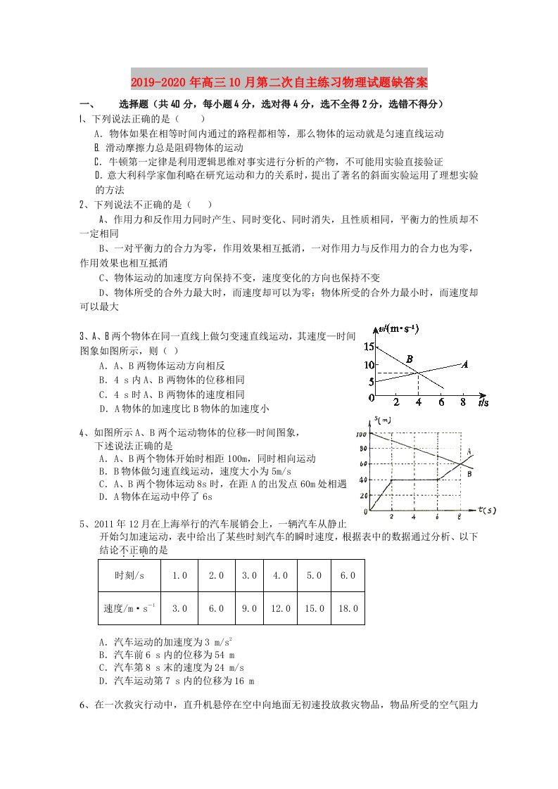 2019-2020年高三10月第二次自主练习物理试题缺答案