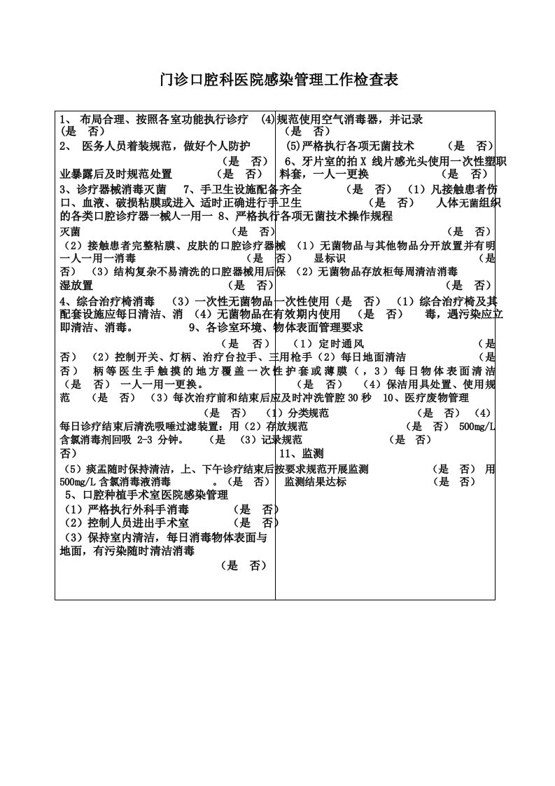 门诊口腔科医院感染管理工作检查表