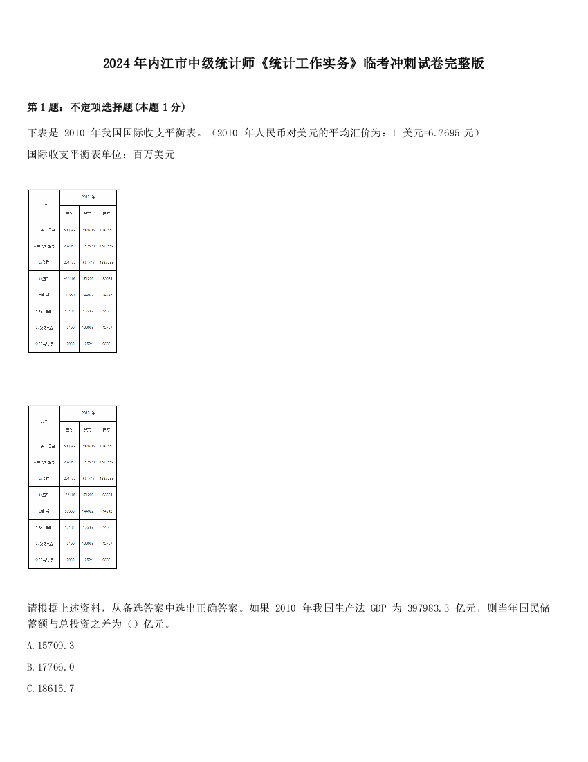 2024年内江市中级统计师《统计工作实务》临考冲刺试卷完整版