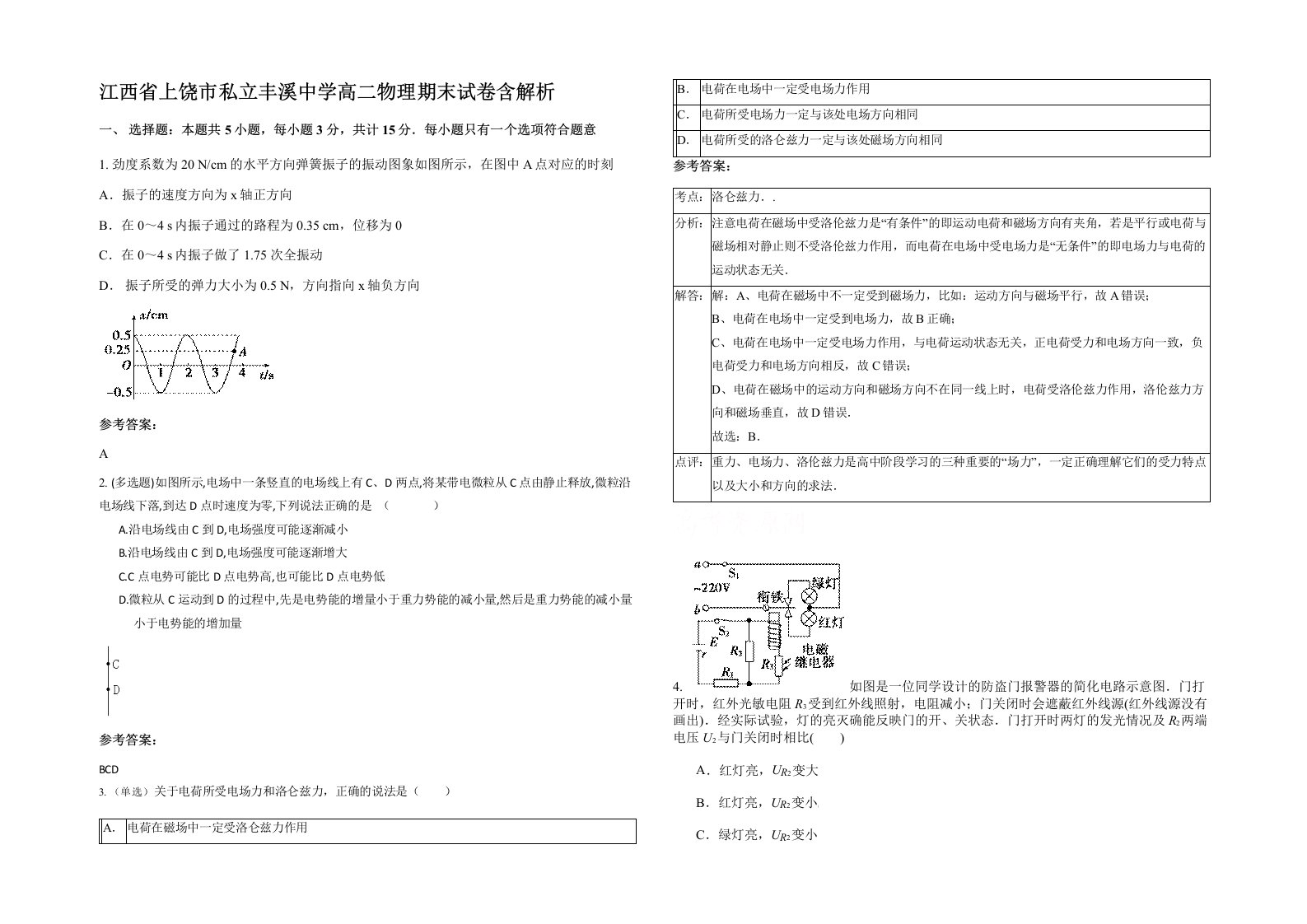 江西省上饶市私立丰溪中学高二物理期末试卷含解析