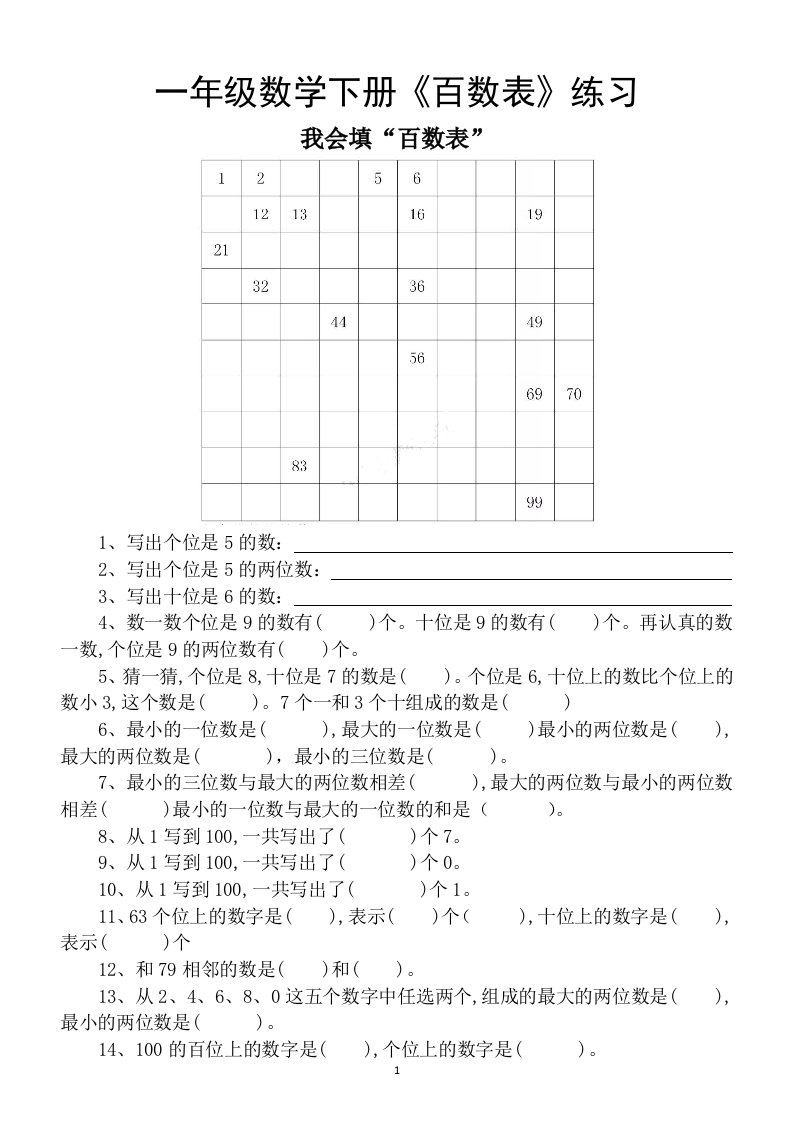 小学数学一年级下册“百数表”练习题