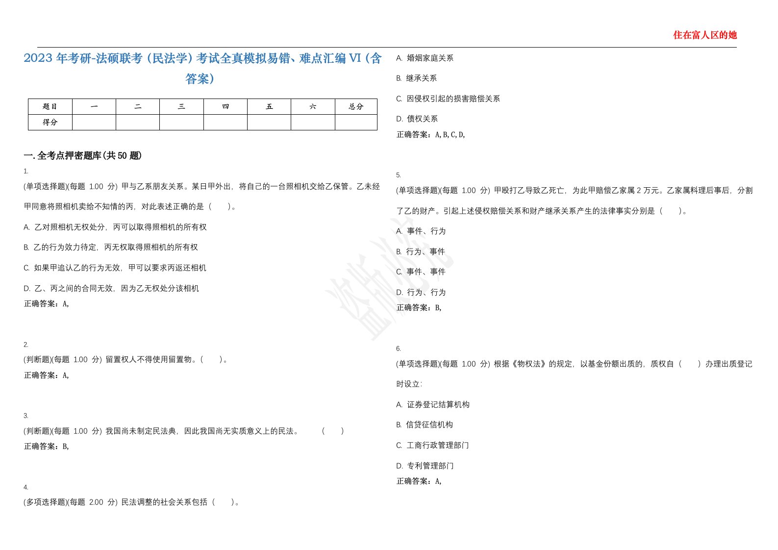 2023年考研-法硕联考（民法学）考试全真模拟易错、难点汇编VI（含答案）精选集45