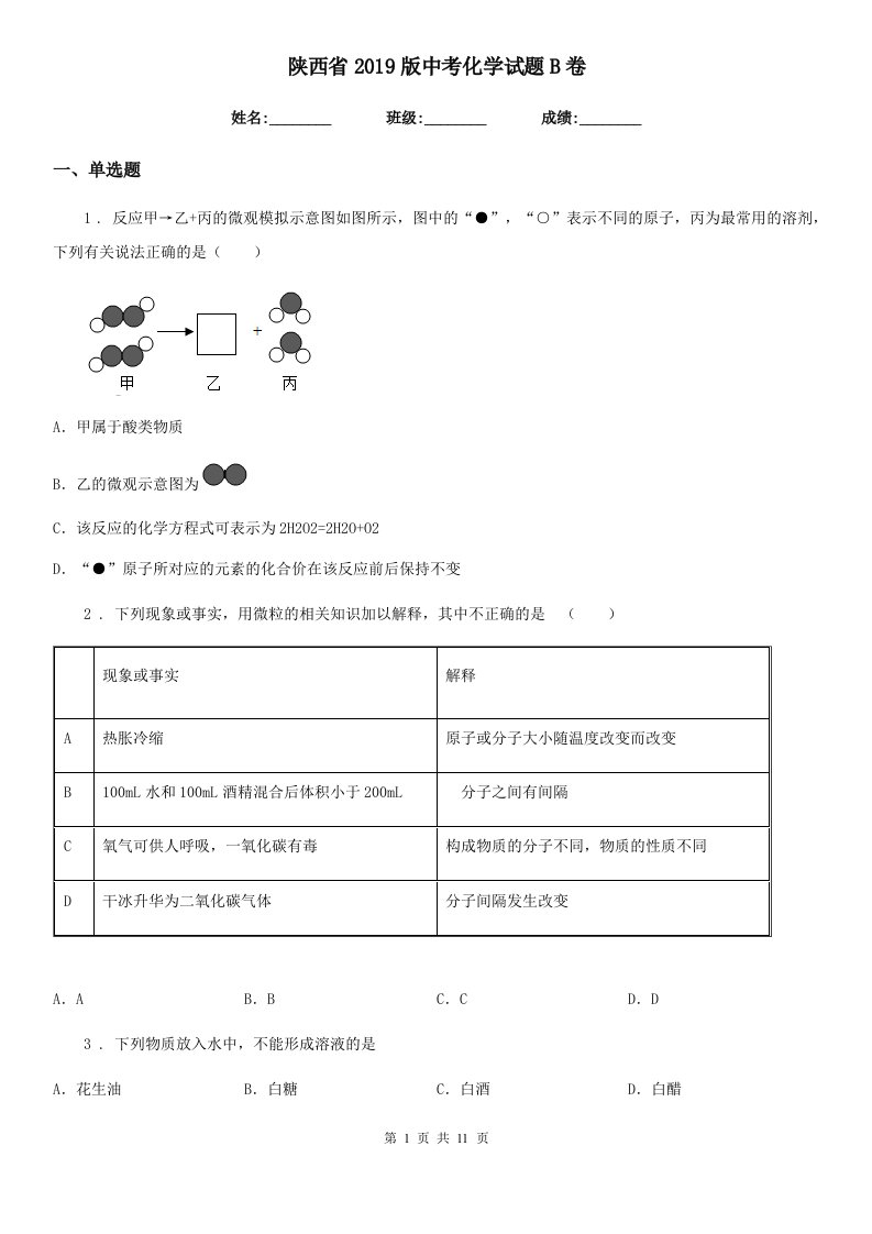 陕西省2019版中考化学试题B卷