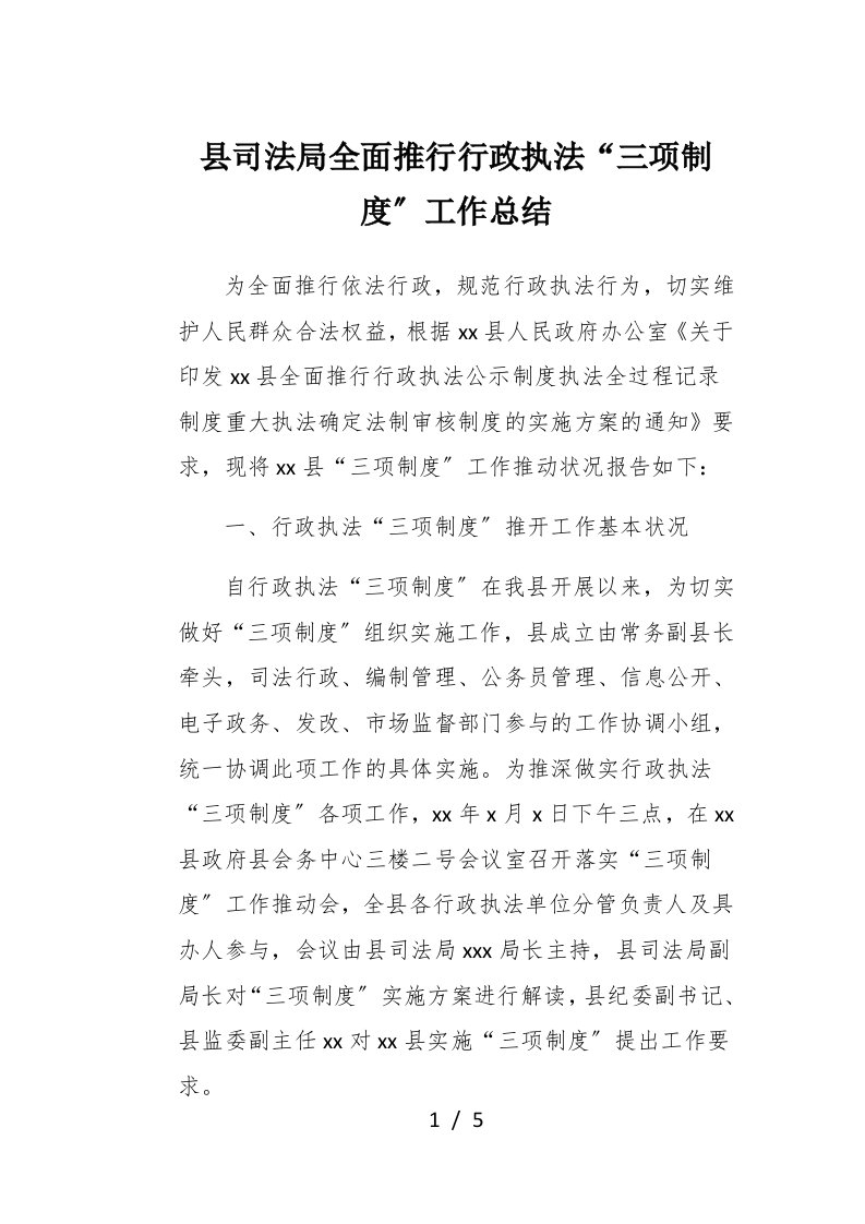 县司法局全面推行行政执法三项制度工作总结