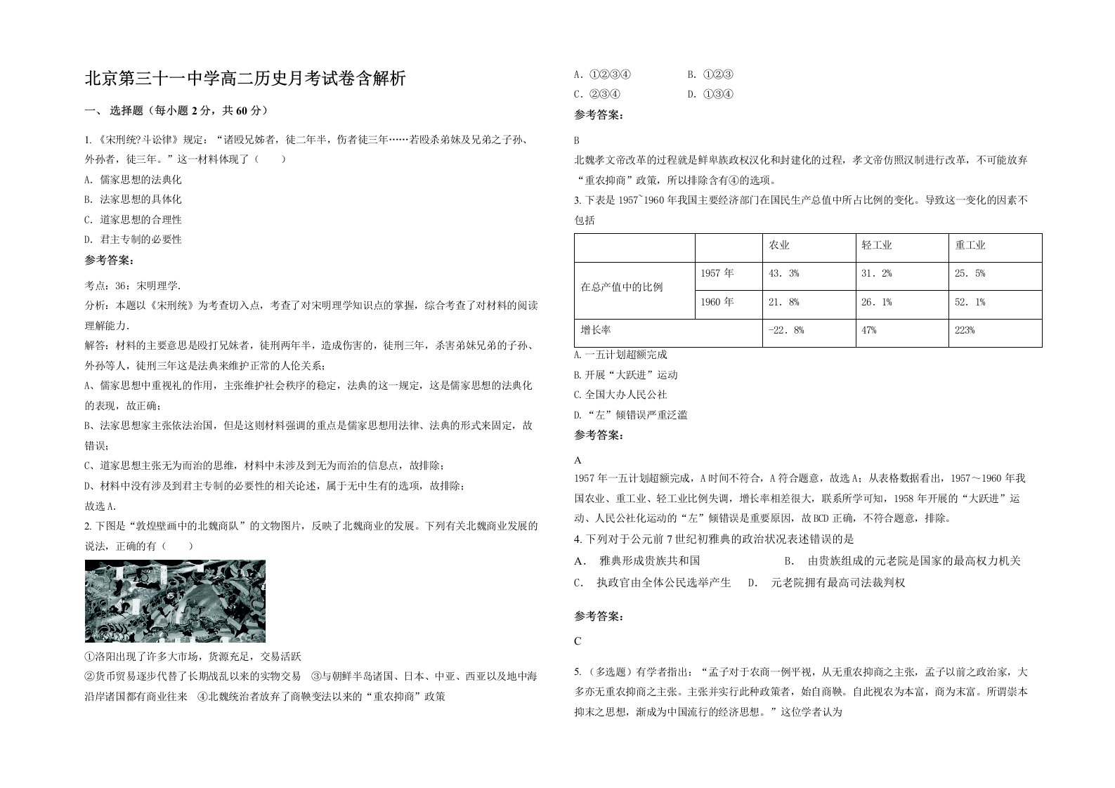 北京第三十一中学高二历史月考试卷含解析