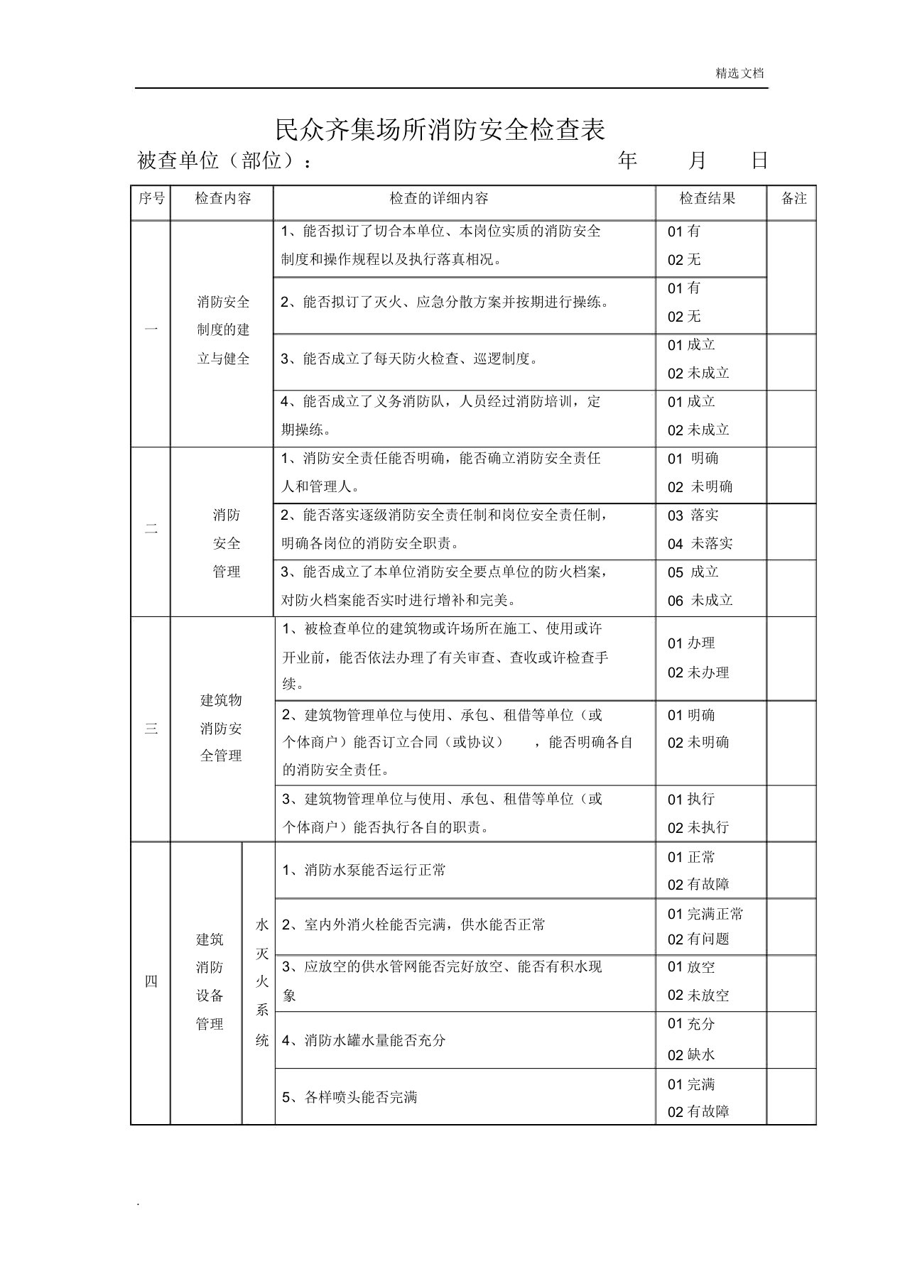 消防安全检查表模版