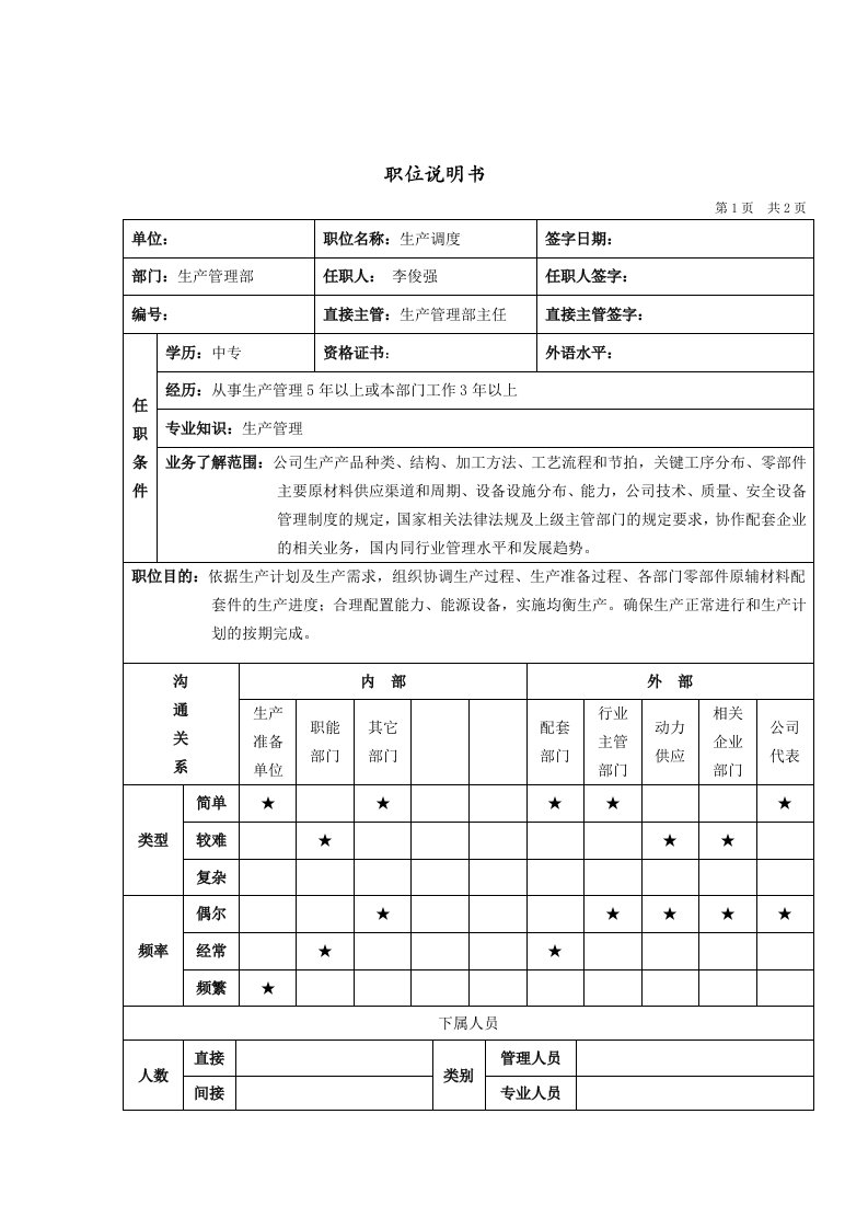 生产管理部生产调度岗位说明书