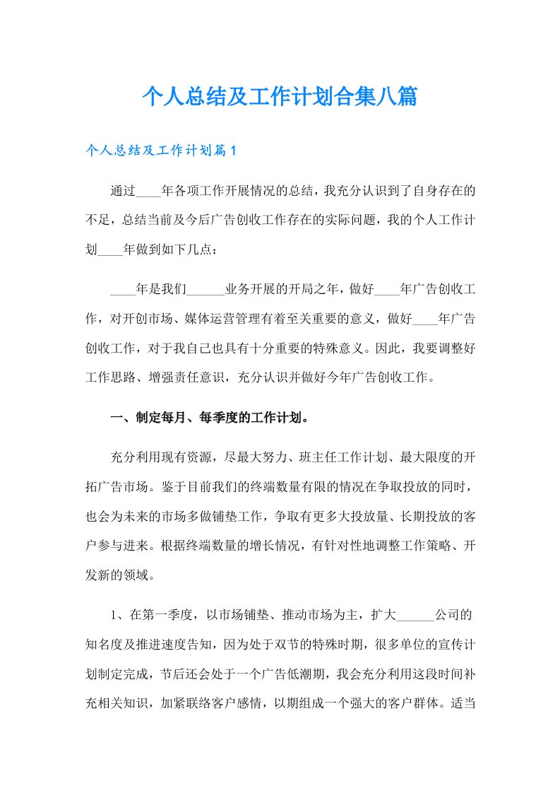 个人总结及工作计划合集八篇