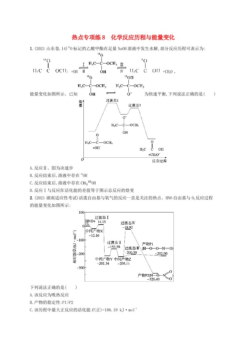 适用于新高考新教材广西专版2024届高考化学一轮总复习热点专项练8化学反应历程与能量变化