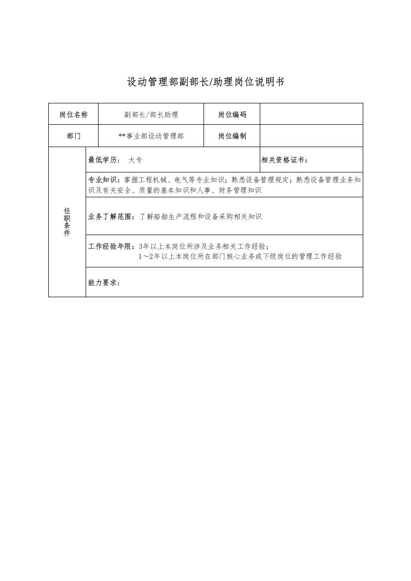 广船国际事业部设动管理部副部长&助理岗位说明书