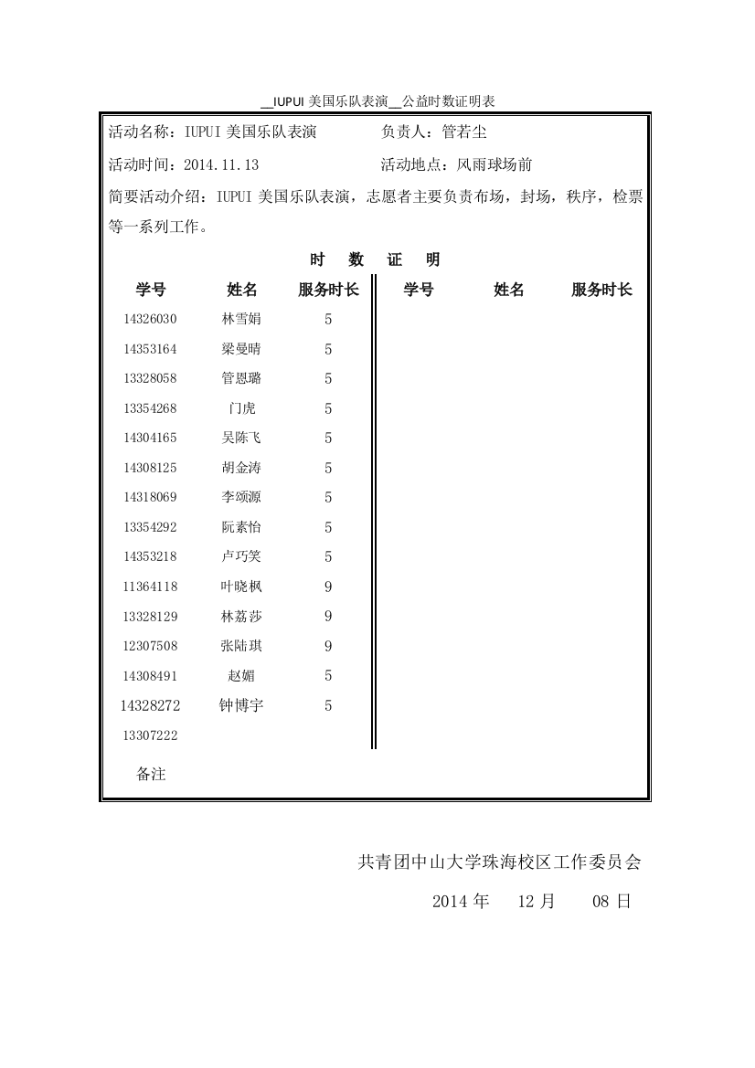 IUPUI演出公益时数证明表2