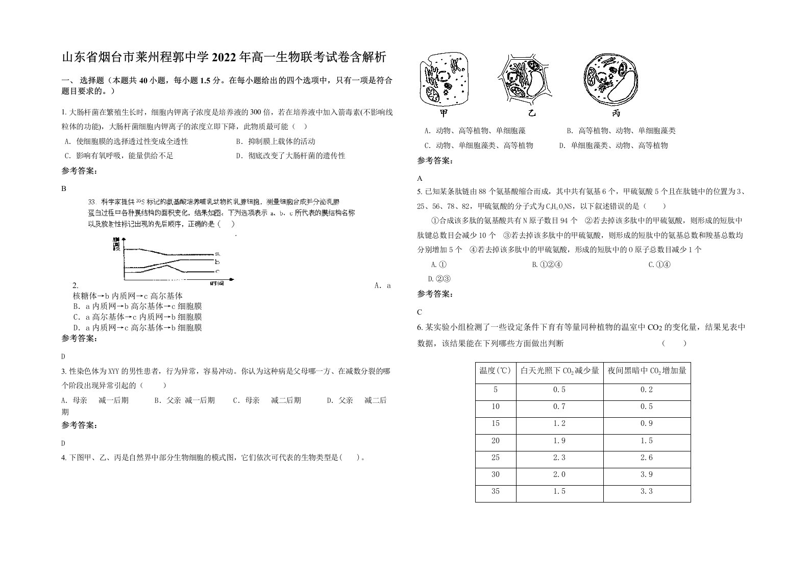 山东省烟台市莱州程郭中学2022年高一生物联考试卷含解析