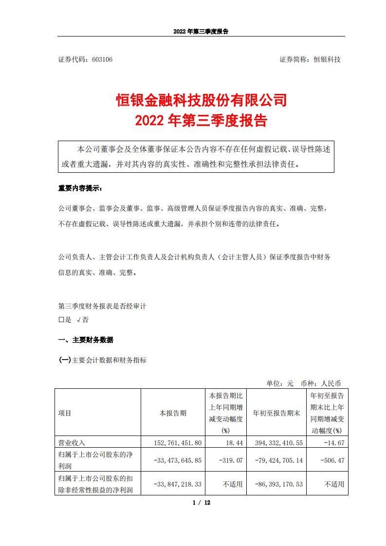 上交所-恒银金融科技股份有限公司2022年第三季度报告-20221027