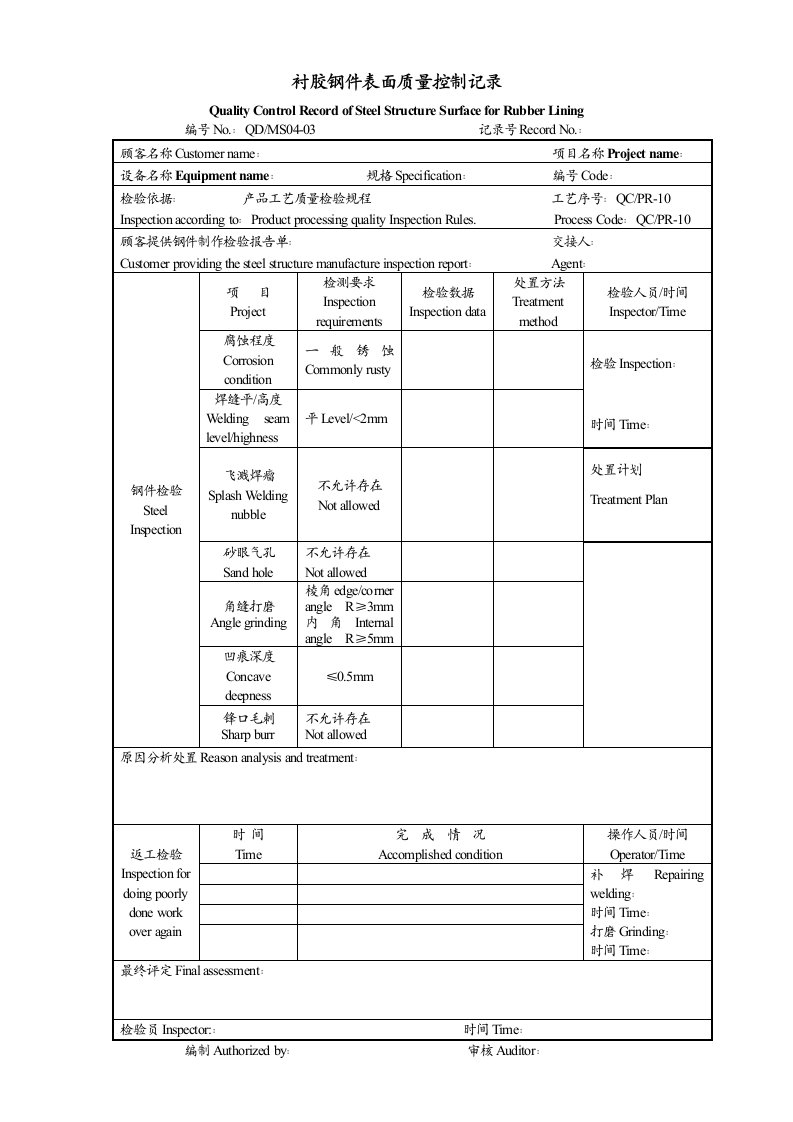 衬胶钢件表面质量控制记录