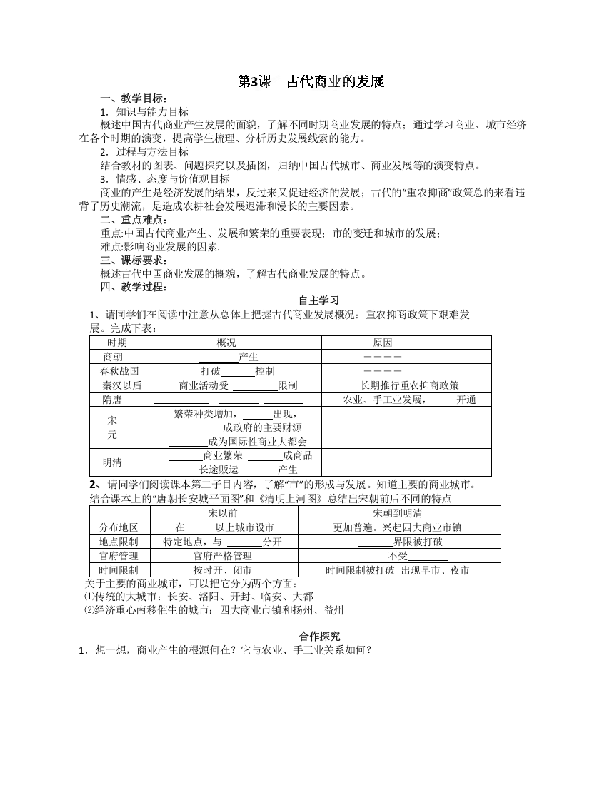 湖北省崇阳县众望高中2012高一历史学案：第3课《古代商业的发展》（新人教必修2）