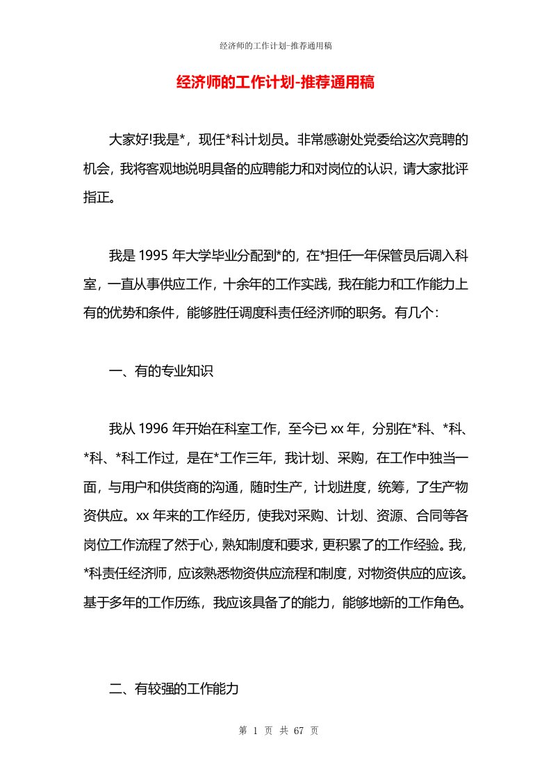 经济师的工作计划