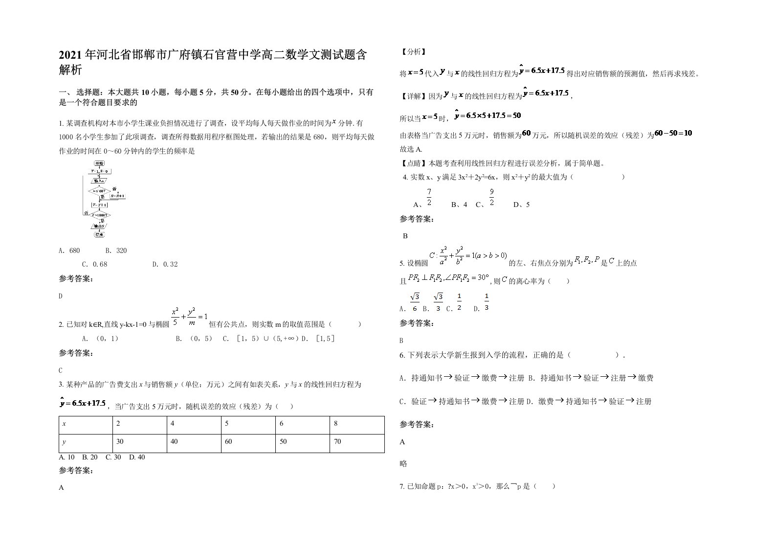 2021年河北省邯郸市广府镇石官营中学高二数学文测试题含解析