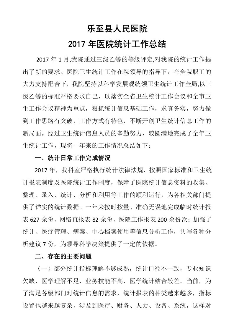 2017年乐至县人民医院统计工作总结及计划