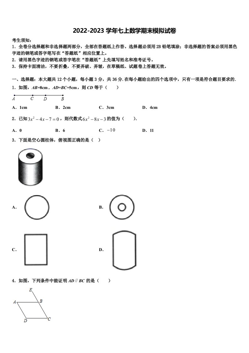 2022年丽江市重点中学数学七年级第一学期期末监测模拟试题含解析