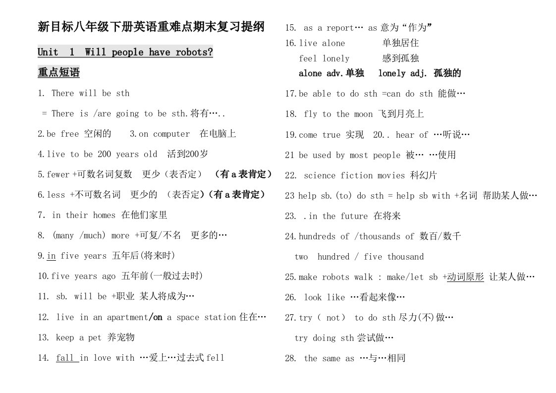 新目标八年级下册英语重难点复习提纲