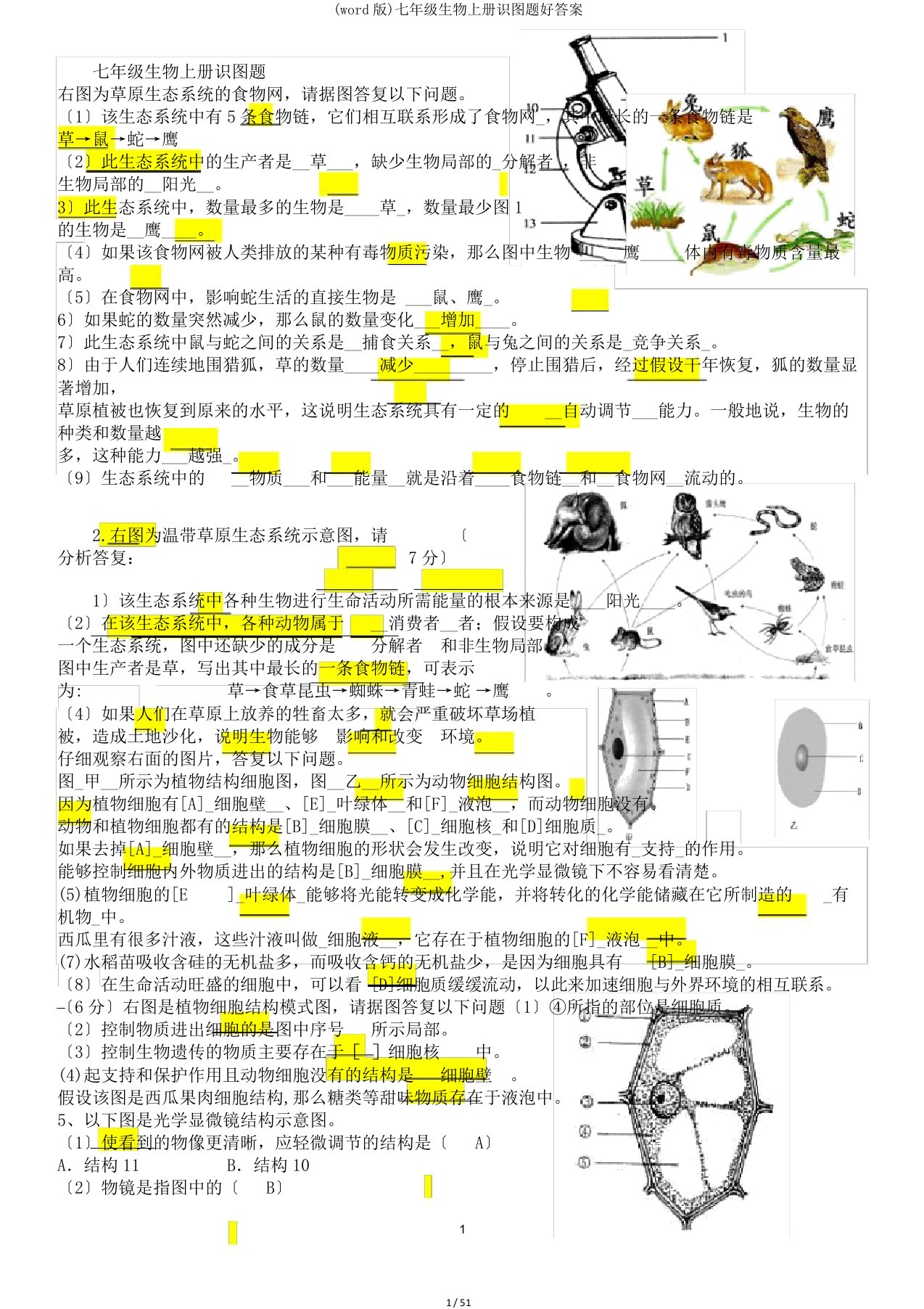 (word版)七年级生物上册识图题好答案