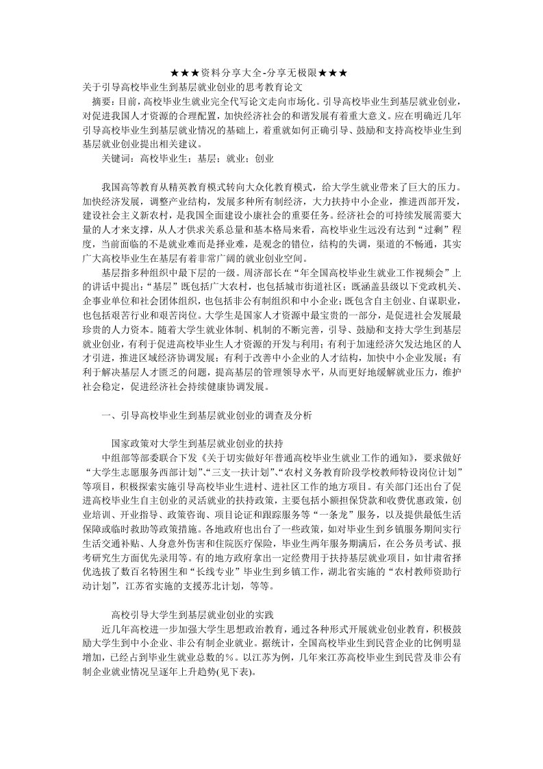 关于引导高校毕业生到基层就业创业的思考教育论文