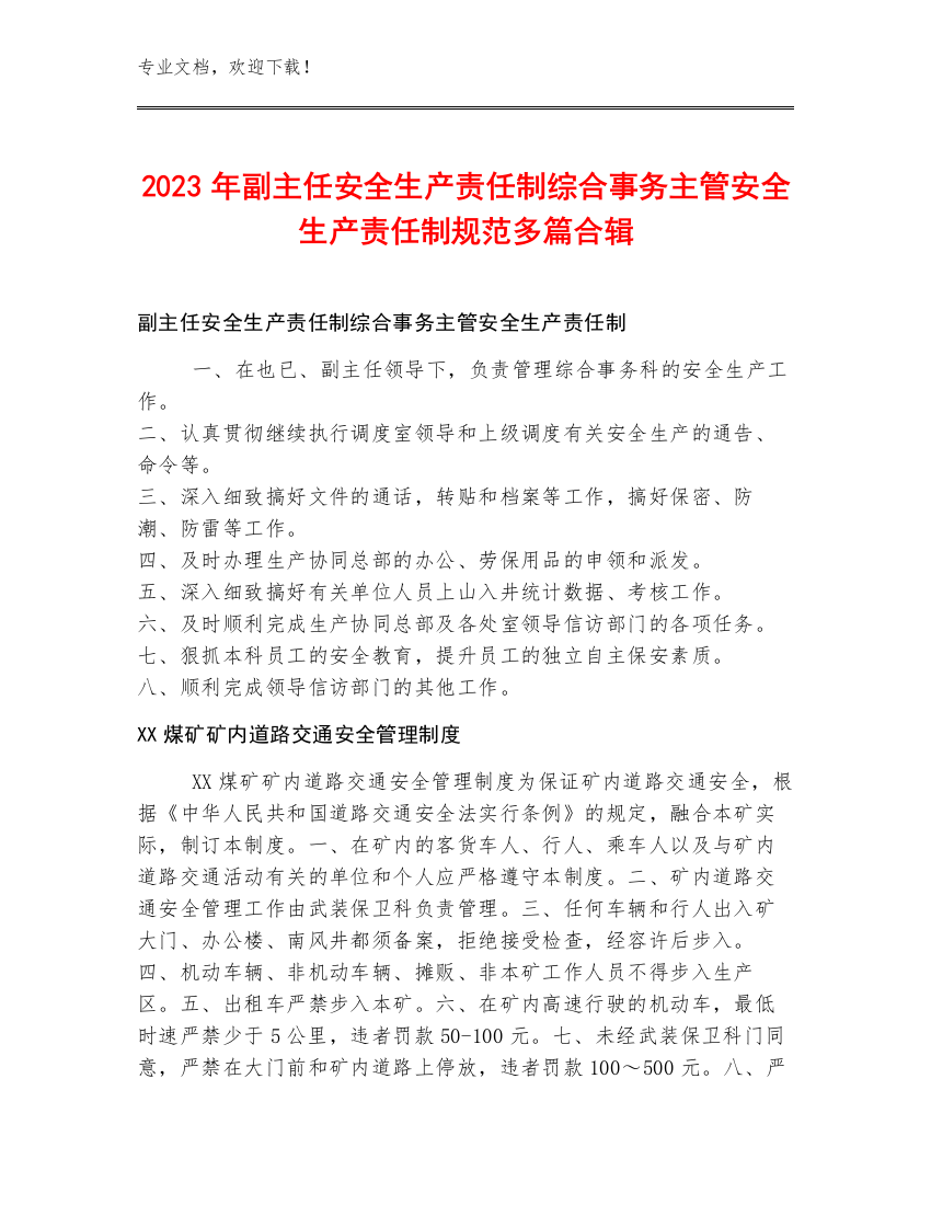 2023年副主任安全生产责任制综合事务主管安全生产责任制规范多篇合辑