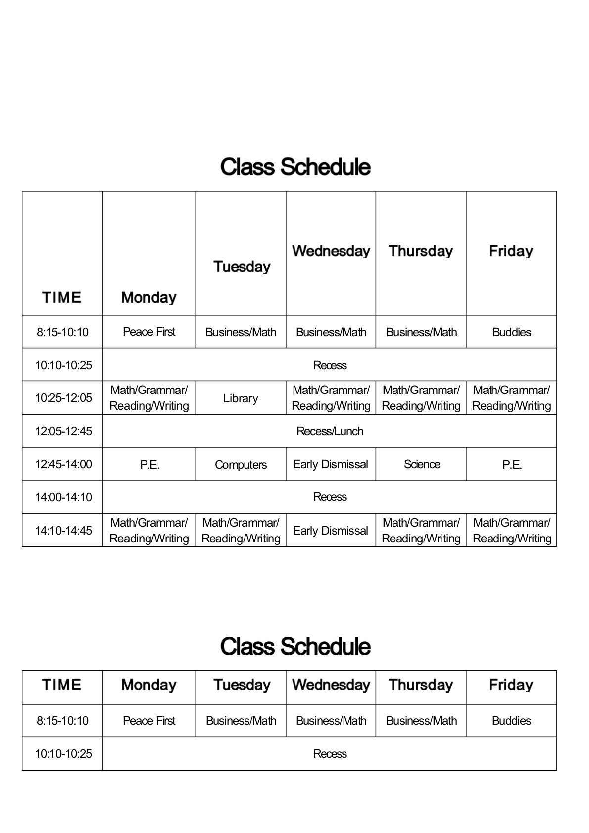 英文课程表-美国加州小学课程表模板Class-Curriculum-Schedule