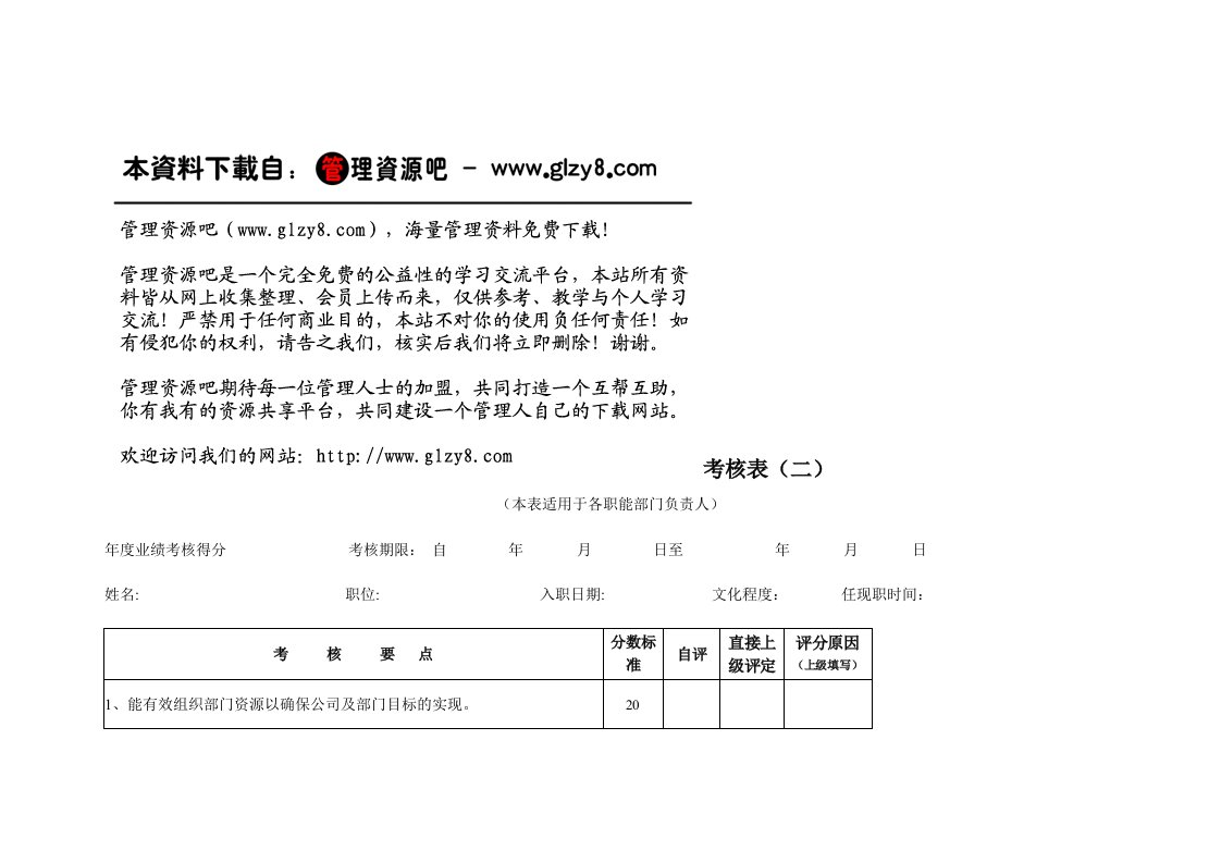 绩效管理表格-考核表二