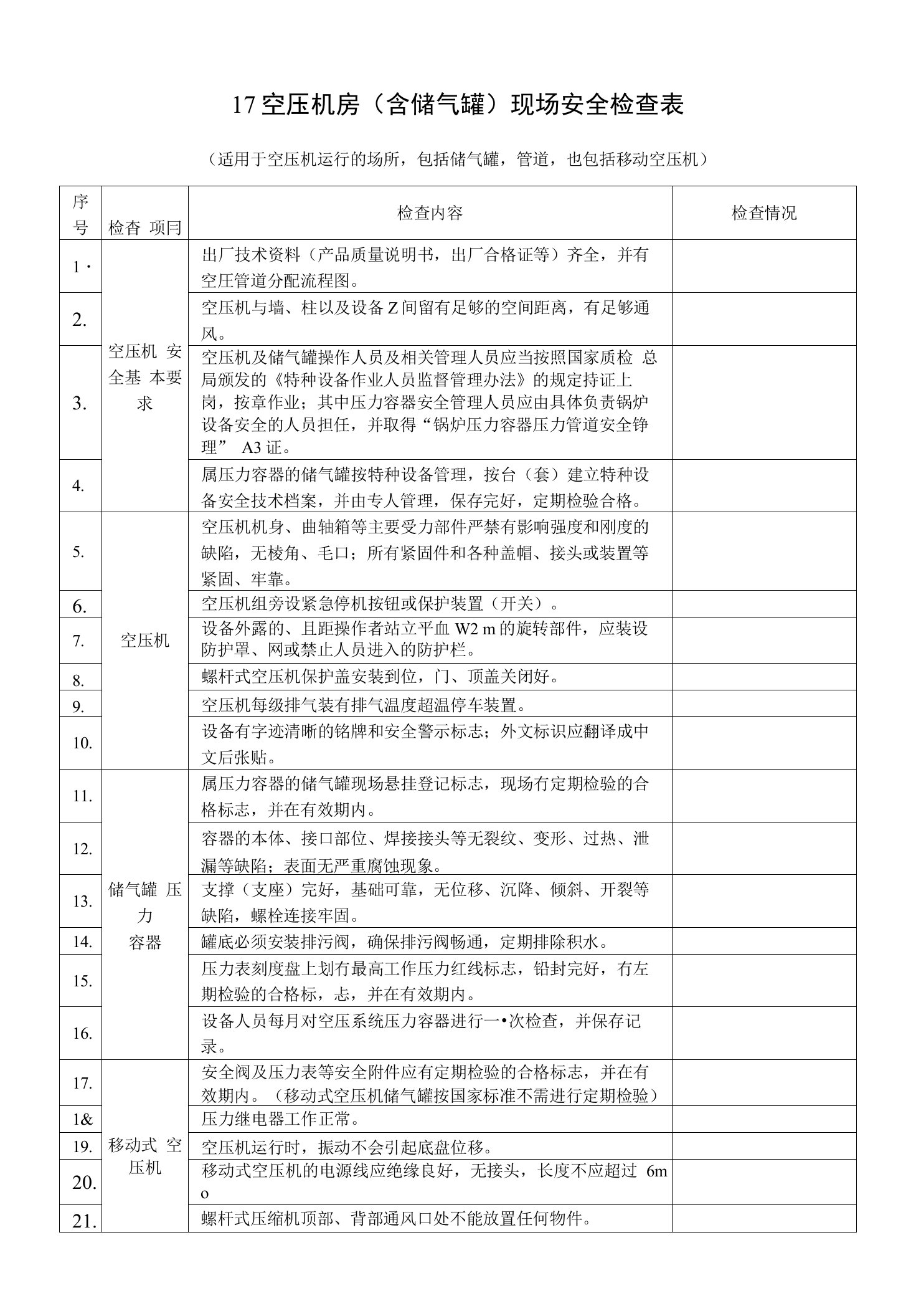 空压机房(含储气罐)现场安全检查表