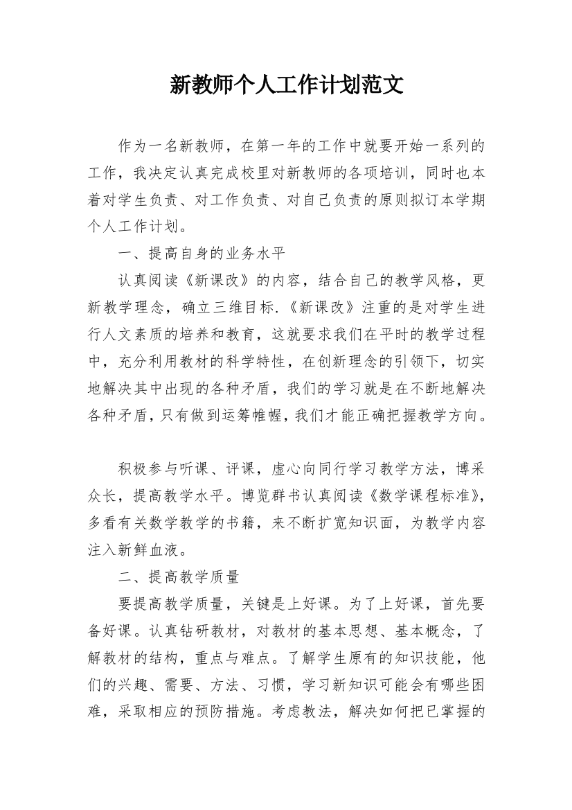 新教师个人工作计划范文