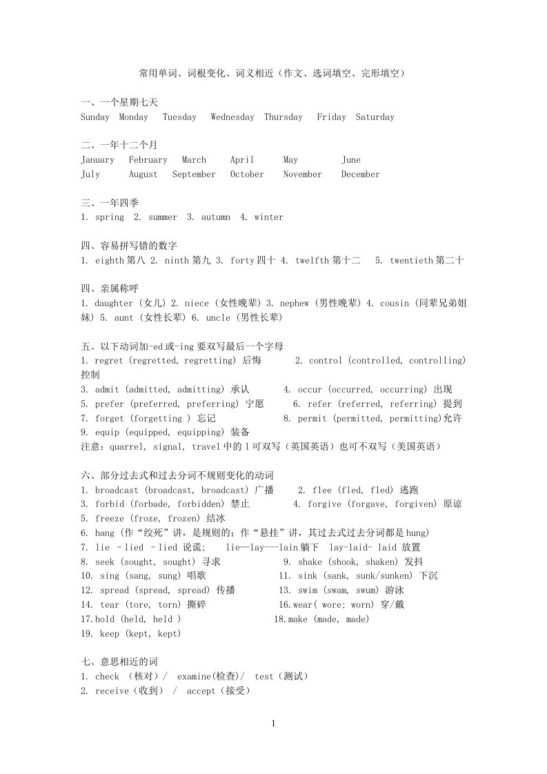 常用单词、词根变化、词义相近(作文,选词填空,完形填空)