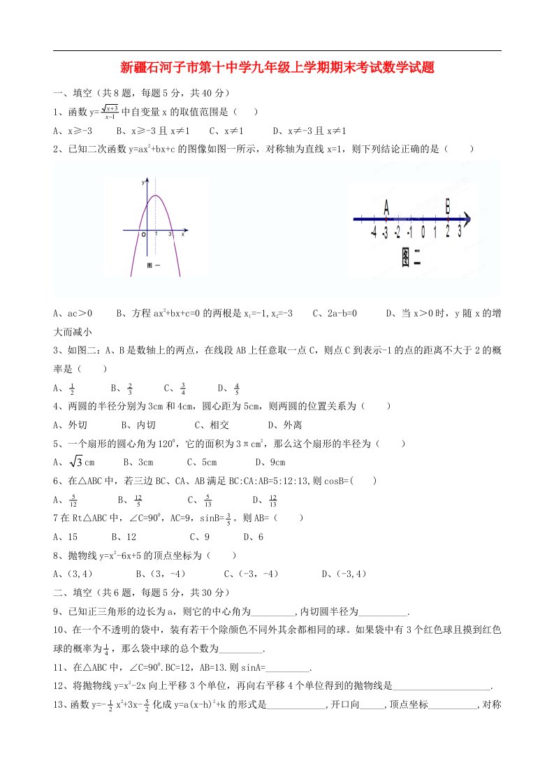 新疆石河子市第十中学九级数学上学期期末考试试题