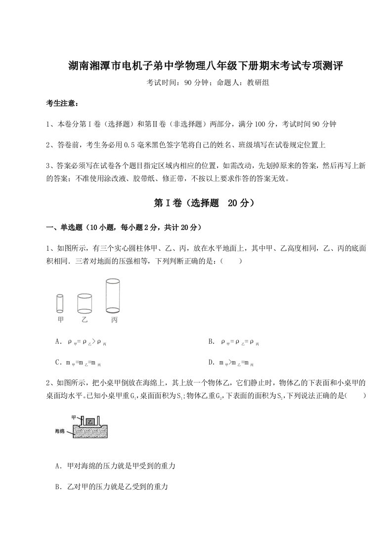 重难点解析湖南湘潭市电机子弟中学物理八年级下册期末考试专项测评试卷（解析版）