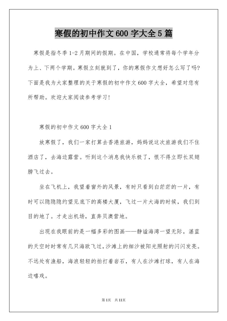 寒假的初中作文600字大全5篇