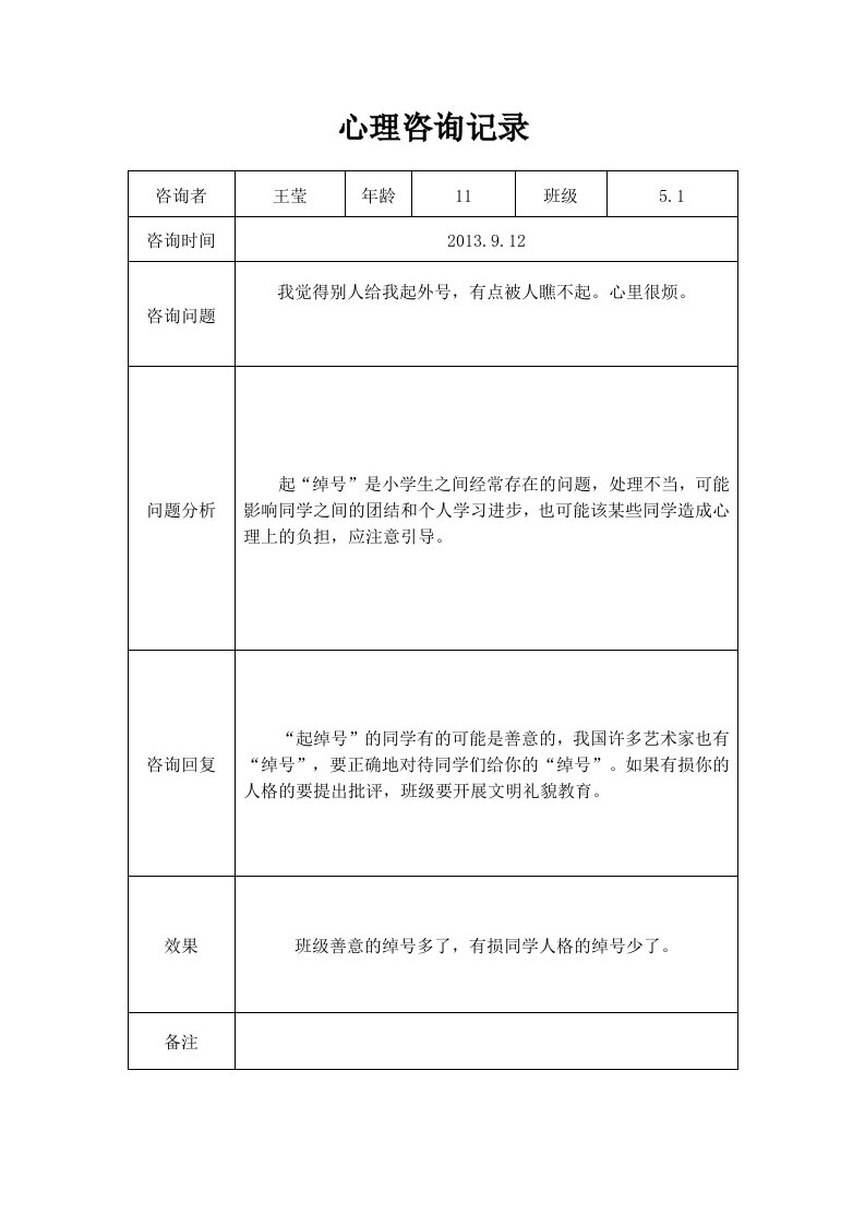 大峪小学心理咨询室记录簿表