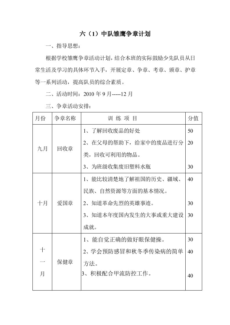 六年级雏鹰争章计划