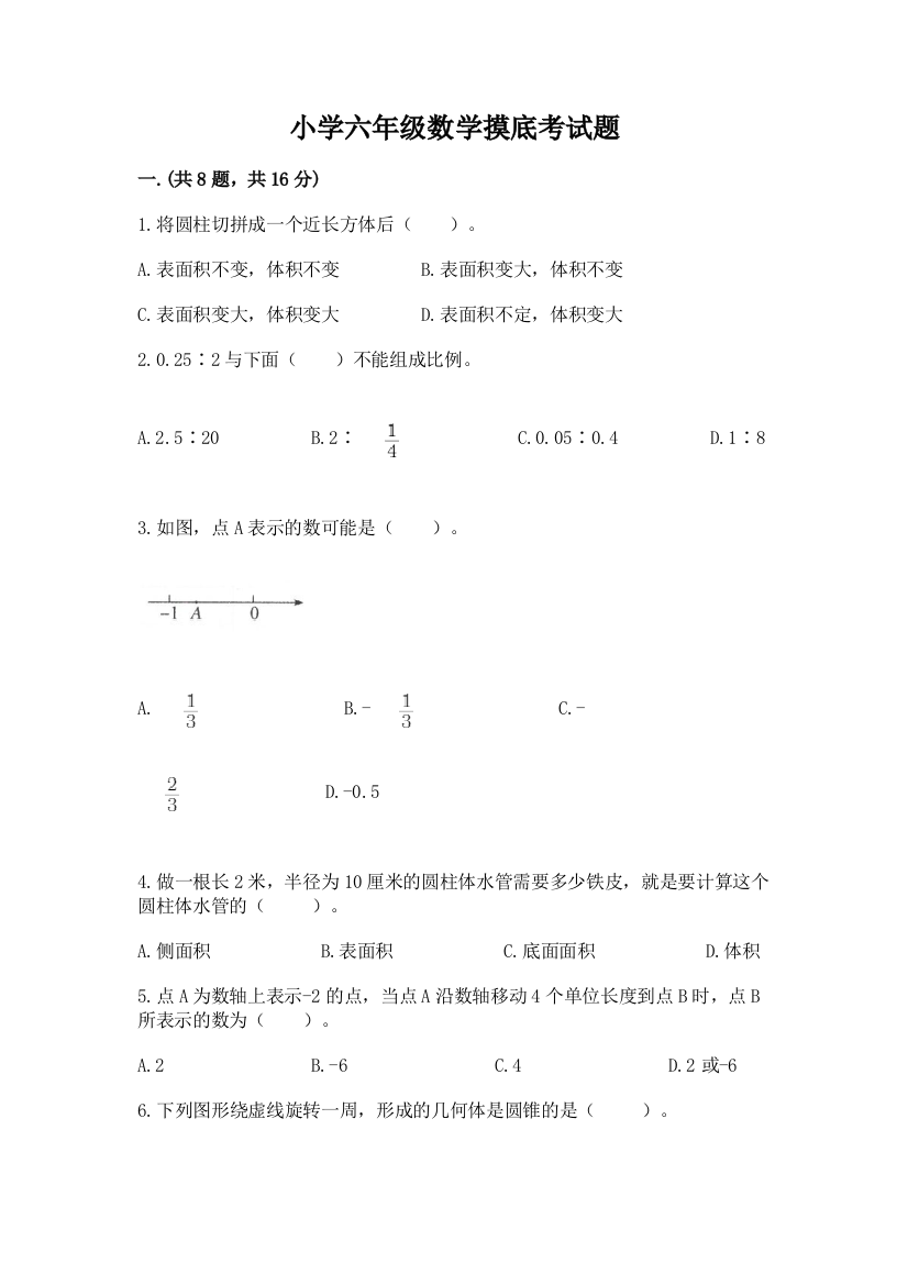 小学六年级数学摸底考试题精品（考点梳理）