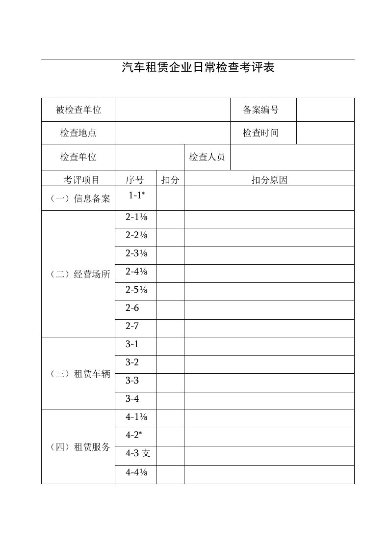 汽车租赁企业日常检查考评表格模板