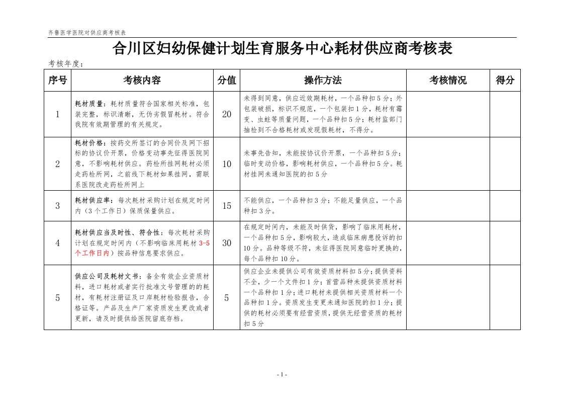 齐鲁医学医院对供应商考核表