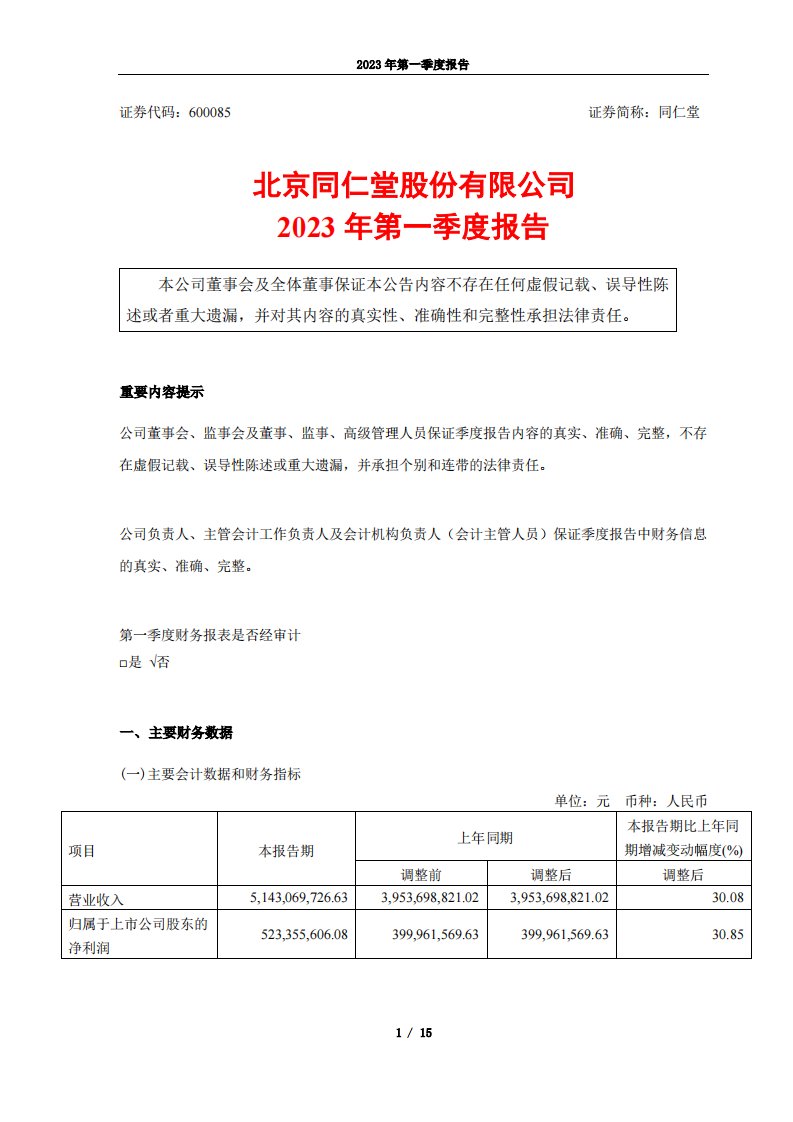 上交所-同仁堂2023年第一季度报告-20230428