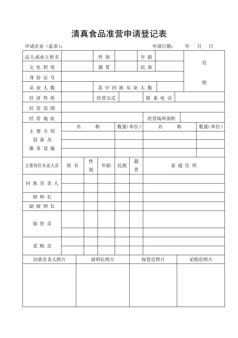 清真食品准营申请登记表