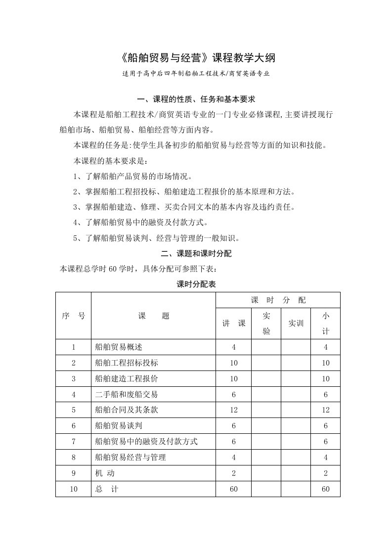 建筑工程管理-船舶贸易与经营课程教学大纲适用于高中后四年制船舶工程技