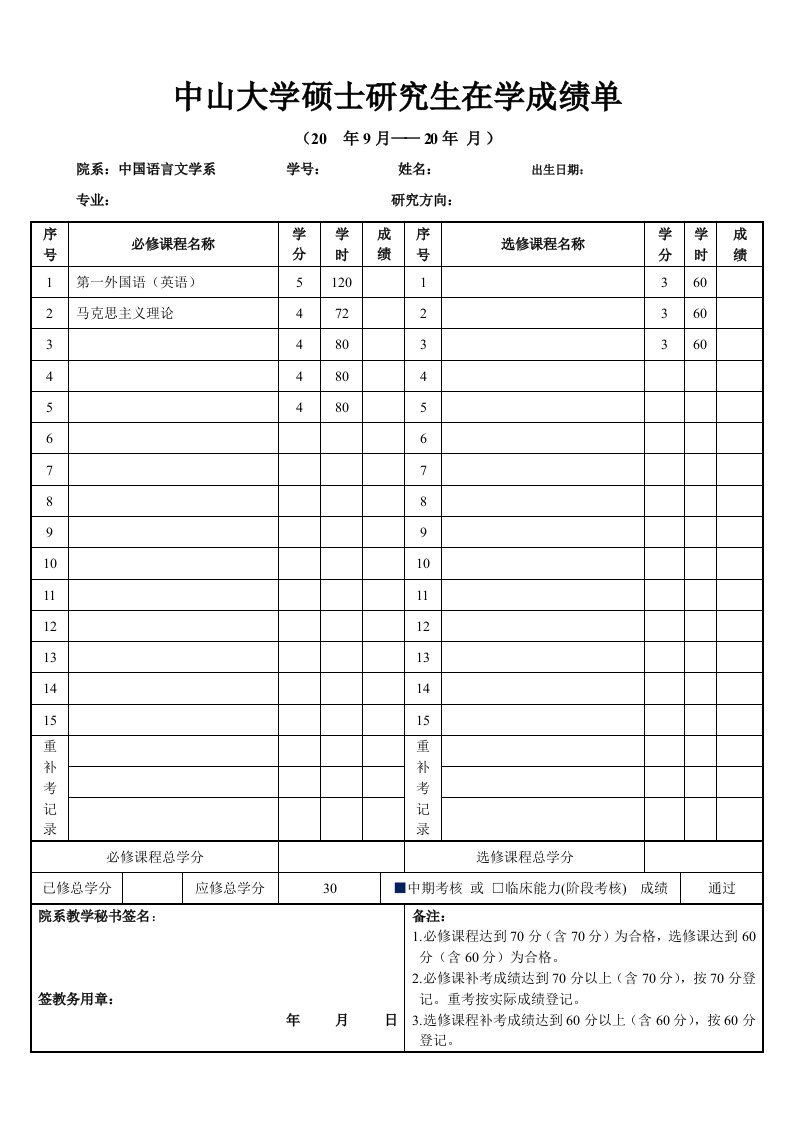 中山大学硕士研究生在学成绩单