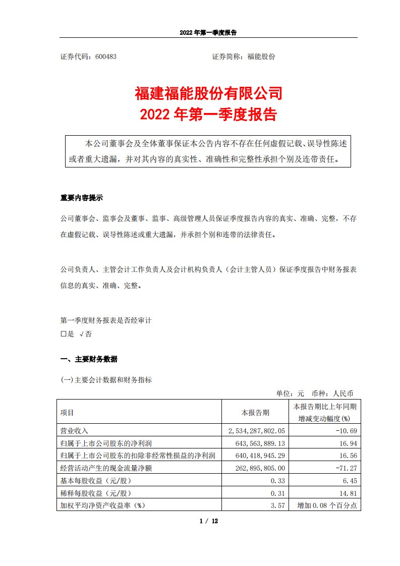 上交所-福能股份2022年第一季度报告-20220425