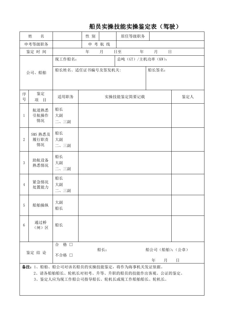 船员实操技能鉴定表doc-船公司、船舶实操鉴定表