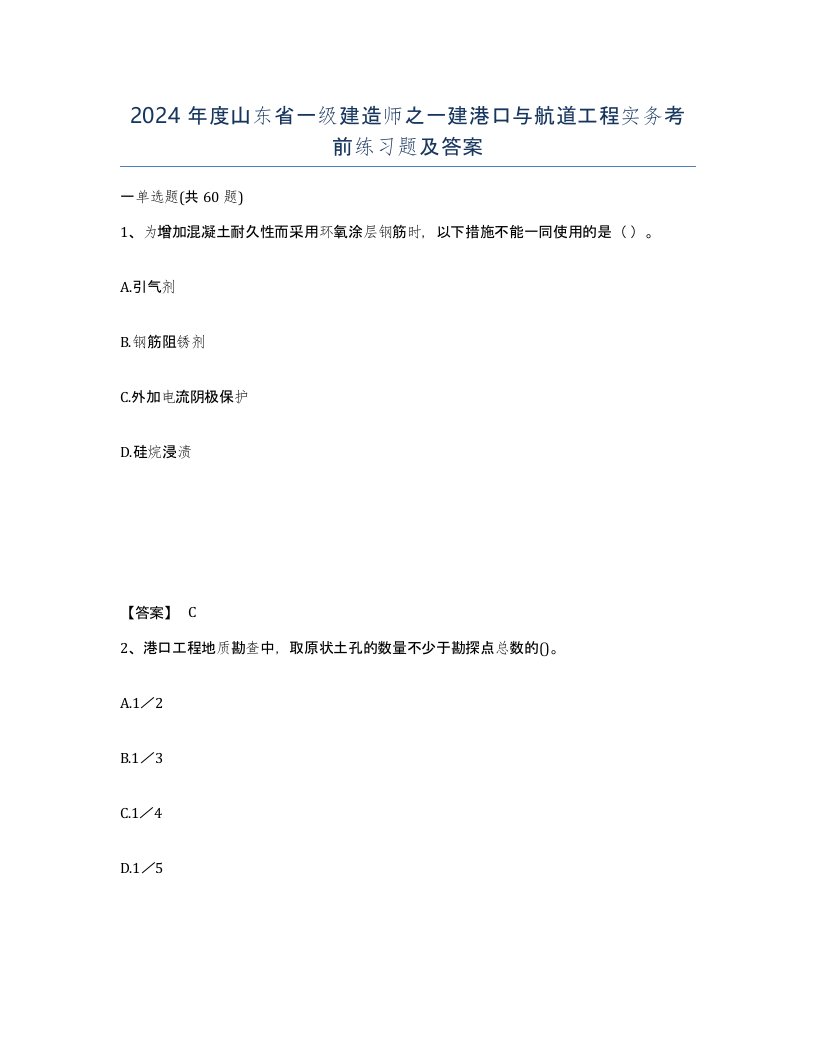 2024年度山东省一级建造师之一建港口与航道工程实务考前练习题及答案